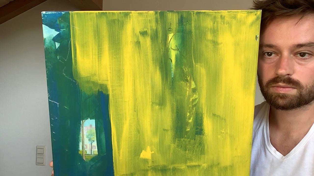 Übermalung gelbblaugrün - 60cm x 50cm